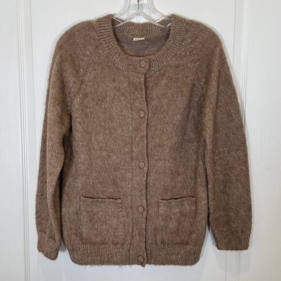 Vintage Peruvian 100% Alpaca Wool Cardigan Taupe Beige Grandpa Preppy M - Picture 1 of 4
